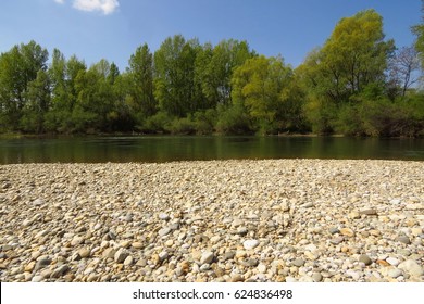 Gravel shore - gravel bank Drava river natural habitat                               