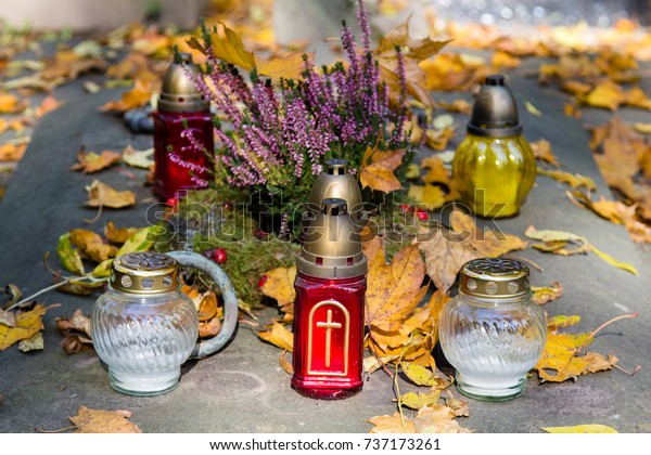 Graves Decorations Flowers Votive Candles All Stock Photo Edit