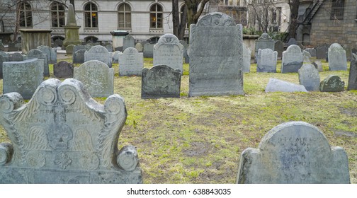 Graves At Kings Chapel Burying Ground In Boston Downtown - BOSTON / MASSACHUSETTS - APRIL 3, 2017