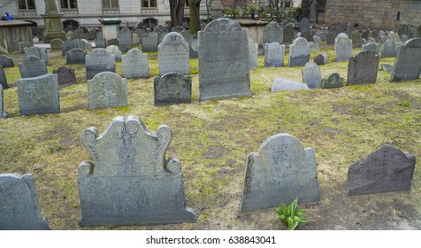 Graves At Kings Chapel Burying Ground In Boston Downtown - BOSTON / MASSACHUSETTS - APRIL 3, 2017