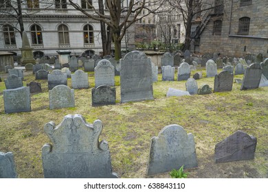 Graves At Kings Chapel Burying Ground In Boston Downtown - BOSTON / MASSACHUSETTS - APRIL 3, 2017