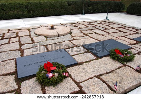 Graves of President John F. Kennedy and his wife, Jacqueline, at Arlington National Cemetery in Arlington, VA.