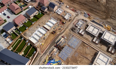 Gravesend, Kent, UK - April 12 2022. Aerial View Of The Construction Site Of The New Housing Development.