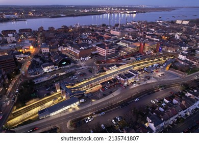 GravesendKentUK - March 14 2022 Drone Shot Of Gravesend’s Train Station With The River Thames In The Background