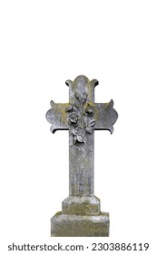 Gravestone cross with a rose carving, with in loving memory of inscription. Isolated on a white background - Shutterstock ID 2303886119