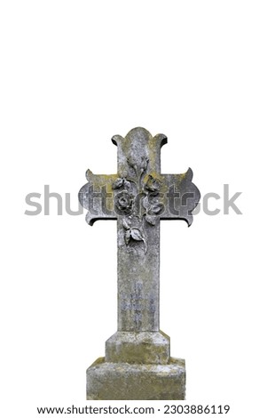 Gravestone cross with a rose carving, with in loving memory of inscription. Isolated on a white background
