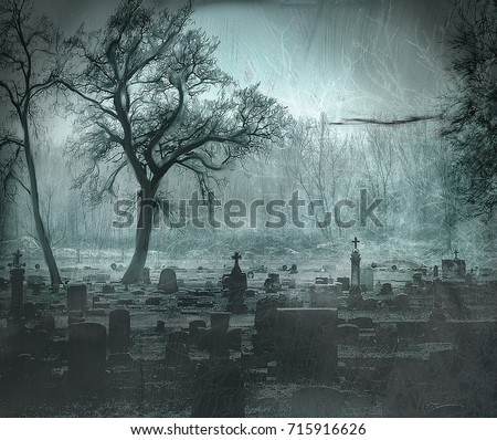 GRAVEYARD WITH TREES IN A BLUE PAINTING 