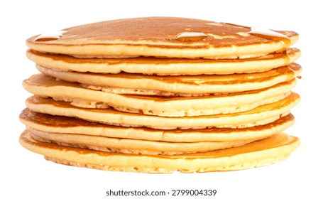 Gravity defying extremely tall stack of fluffy breakfast pancakes isolated on a pure white background.