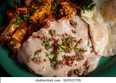 Gravy Smothered, Mouth Watering Chicken Fried Steak And Eggs.