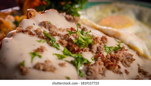 Gravy Smothered, Mouth Watering Chicken Fried Steak And Eggs.