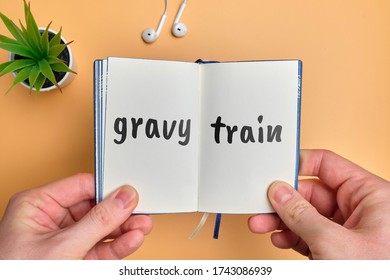 Gravy Train - English Money Idiom Hand Lettering On Wooden Blocks.