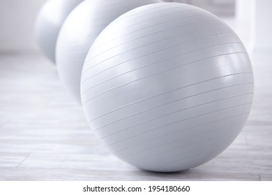 Gray Aerobic Fitball In Studio, No People. Copy Space