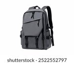 Gray backpack featuring a sleek design with multiple compartments, adjustable straps for comfort, and sturdy materials suitable for daily use or travel purposes.