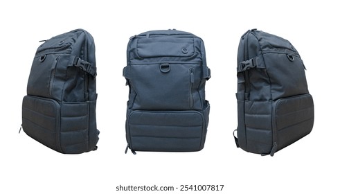 Gray backpack set isolated on white background. Travel bag different side view. Schoolbag, rucksack object. Tourist's, school item.