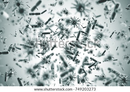 Gray bacteria and viruses of various shapes against a light gray background. Concept of science and medicine. 3d rendering