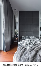 Gray Bedroom With Double Bed, Upholstered Wall And Curtains