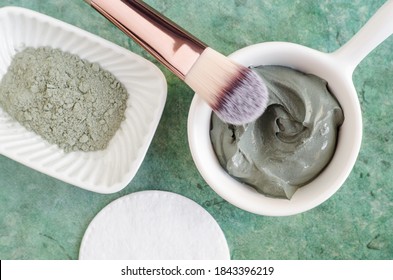 Gray Bentonite Clay In The Bowl. Clay Texture Close Up. Diy Mask And Body Wrap Recipe. Natural Beauty Treatment And Spa. Top View, Copy Space