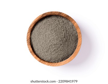 Gray Bentonite Clay Powder In Wooden Bowl Isolated On White Background, Top View, Flat Lay.