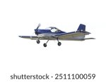 Gray and blue aircraft taking off for adventure. Single engine two seat airplane, it is low wing and fixed gear. Single engine pulled by propeller powered by pistons. a great trainer plane