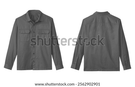 Gray buttonup shirt in front and back views, perfect for fashion design projects, clothing catalogs, and online retail websites.