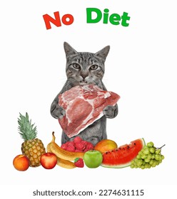 A gray cat with a piece of raw meat is near a heap of fruit. No diet. White background. Isolated. - Shutterstock ID 2274631115