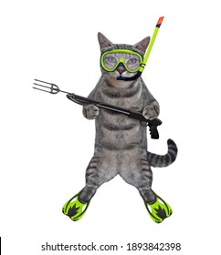 A gray cat underwater hunter in a mask, a snorkel and flippers holds a harpoon. White background. Isolated.