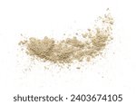 Gray cement powder isolated on white background, top view. Pile of gray cement powder on a white background, top view. Handful of gray cement powder isolated on a white background, top view