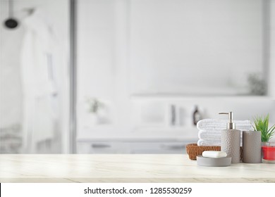 Gray Ceramic Bottle With White Cotton Towels In Basket On Marble Counter Over Bathroom Background 