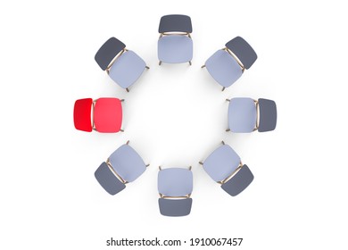 Gray Chairs Stand In A Circle On A White Background. One Red Chair Stands Out.