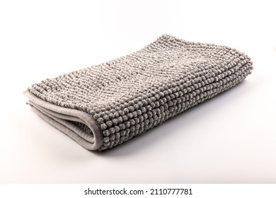 Gray Chenille Soft Bath Mat Texture Background. Bath Accessories. Close Up.