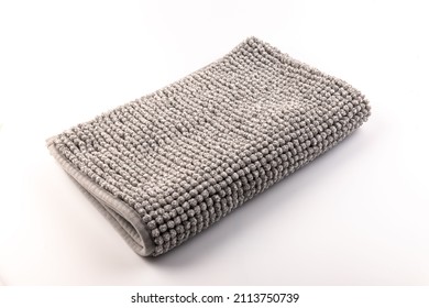 Gray Chenille Soft Bath Mat Texture Background. Bath Accessories. Close Up.