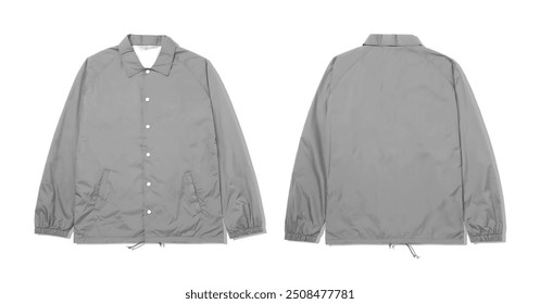 Gray coach jacket with front and back view, buttoned up. Apparel design, fashion catalog, garment concept, formal wear collection.