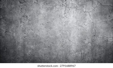 Gray concrete wall texture featuring cracks and a grunge aesthetic. The surface is rough and worn, creating a weathered background.
