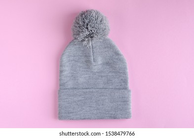 Gray Cotton Hat Composition On Pink Background. Flat Lay, Layout And Tabletop Mockup With Copy Space.