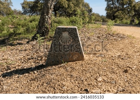 Gray cuboid with scallop shell as a signpost on the Camino Via de la Plata pilgrimage route in the Parque natural de la Sierra Norte shortly before Almadén, Andalusia, with cork oaks, Quercus suber