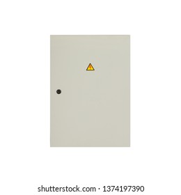 Gray Electrical Box On White Background, Isolate. A Breakout Panel With Fuses And Circuit Breakers For Controlling, Monitoring And Shutting Off Electricity In A Building.