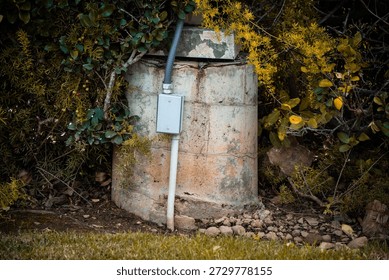 A gray electrical conduit and junction box are attached to a rough, aged concrete structure in a natural outdoor setting with dense vegetation