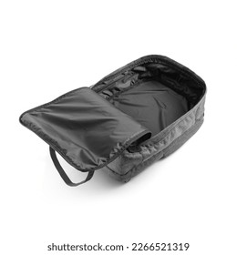 Gray fabric backpack with an open large main compartment on white background. Casual backpack, top view. - Shutterstock ID 2266521319