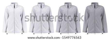Gray fleece jackets with a zipper. Unisex style. Isolated image on a white background. Set. Shades of gray.
