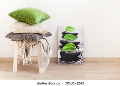 Gray And Green Cushions, Throw. Cozy Home