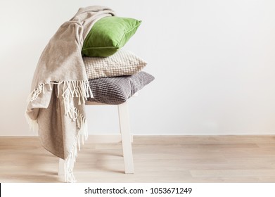 Gray And Green Cushions, Throw. Cozy Home