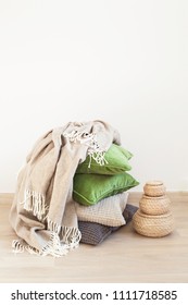 Gray And Green Cushions, Throw. Cozy Home