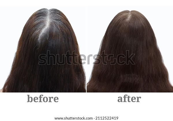 Gray hair on the crown of a woman\'s head. Hair\
coloring. Before and\
after.
