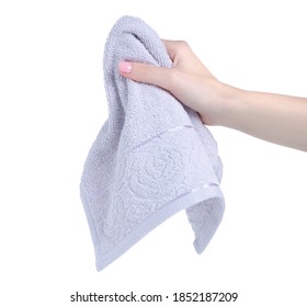 Gray Hand Towel In Hand On White Background Isolation