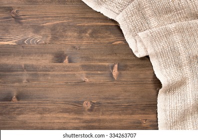 Gray Handmade Tablecloth From Right Side Wooden Table Top View. Food Background