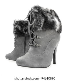 Gray High Heels Ankle Boots With Fur