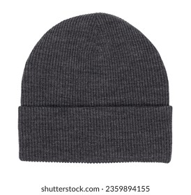 Gray knitted bobble hat flat lay isolated on white background