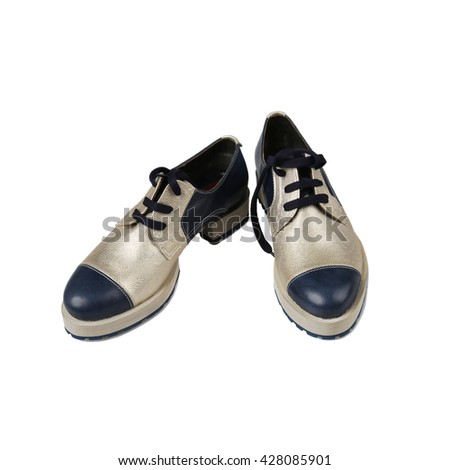 Gray lace-up shoes with blue toes isolated on white background in square
