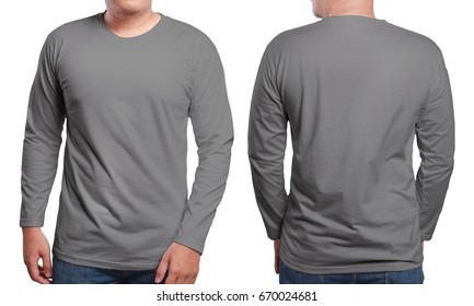Gray long sleeved t-shirt mock up, front and back view, isolated. Male model wear plain grey shirt mockup. Long sleeve shirt design template. Blank tees for print