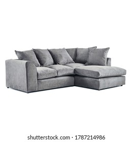 Gray Low Back Right Corner Sofa Isolated On White. Front Side View Upholstered Sofa Bed. Loveseat With Armrests And Seat Cushion. Seater Couch With Accent Scatter Pillows And Large Bolster Cushions